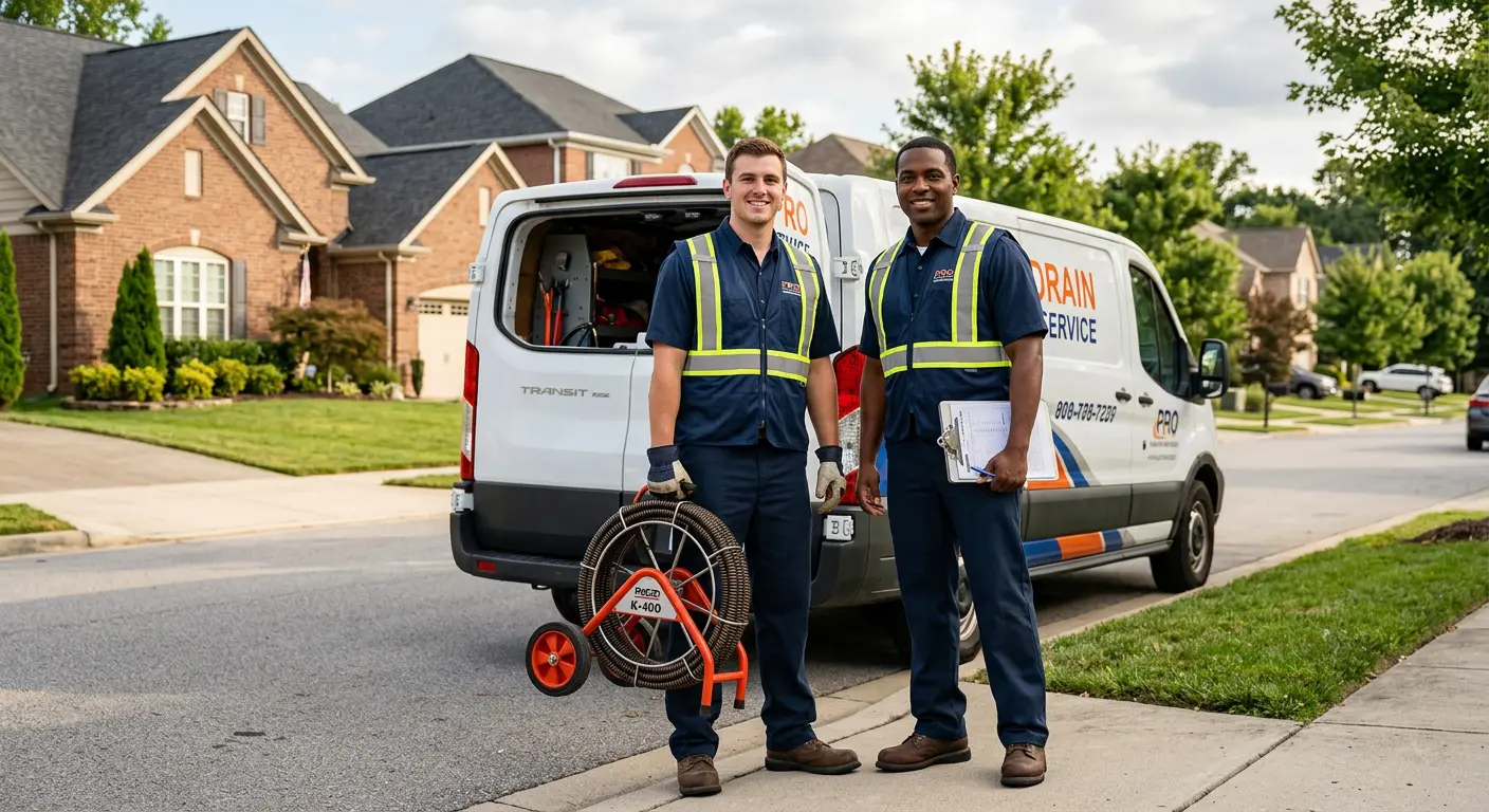 Sewer and drain service team with equipment ready for work in Covington